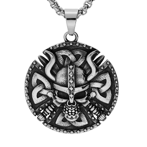 COLLIER ACIER GROS PENDENTIF 45MM PATINÉ ROND VIKING TETE DE MORT 52+5CM