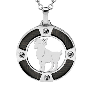 COLLIER ACIER PENDENTIF ROND ZODIAQUE BELIER ASPECT BOIS NOIR ET VIS CRUCIFORME 50+5CM