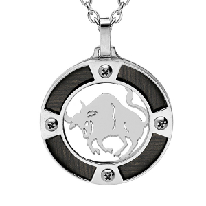 COLLIER ACIER PENDENTIF ROND ZODIAQUE TAUREAU ASPECT BOIS NOIR ET VIS CRUCIFORME 50+5CM