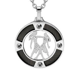 COLLIER ACIER PENDENTIF ROND ZODIAQUE GEMEAUX ASPECT BOIS NOIR ET VIS CRUCIFORME 50+5CM