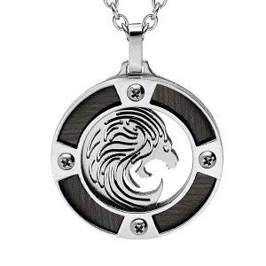 COLLIER ACIER PENDENTIF ROND ZODIAQUE LION ASPECT BOIS NOIR ET VIS CRUCIFORME 50+5CM