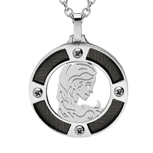 COLLIER ACIER PENDENTIF ROND ZODIAQUE VIERGE ASPECT BOIS NOIR ET VIS CRUCIFORME 50+5CM