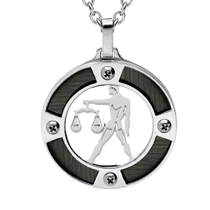 COLLIER ACIER PENDENTIF ROND ZODIAQUE BALANCE  ASPECT BOIS NOIR ET VIS CRUCIFORME 50+5CM