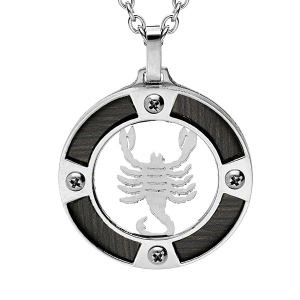 COLLIER ACIER PENDENTIF ROND ZODIAQUE SCORPION ASPECT BOIS NOIR ET VIS CRUCIFORME 50+5CM