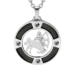 COLLIER ACIER PENDENTIF ROND ZODIAQUE SAGITTAIRE ASPECT BOIS NOIR ET VIS CRUCIFORME 50+5CM