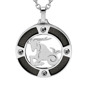 COLLIER ACIER PENDENTIF ROND ZODIAQUE CAPRICORNE ASPECT BOIS NOIR ET VIS CRUCIFORME 50+5CM