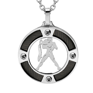 COLLIER ACIER PENDENTIF ROND ZODIAQUE VERSEAU ASPECT BOIS NOIR ET VIS CRUCIFORME 50+5CM