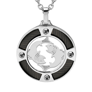 COLLIER ACIER PENDENTIF ROND ZODIAQUE POISSON ASPECT BOIS NOIR ET VIS CRUCIFORME 50+5CM