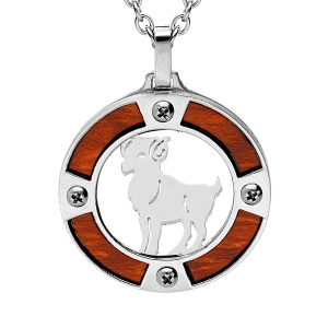 COLLIER ACIER PENDENTIF ROND ZODIAQUE BELIER ASPECT BOIS CLAIR ET VIS CRUCIFORME 50+5CM