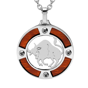 COLLIER ACIER PENDENTIF ROND ZODIAQUE TAUREAU ASPECT BOIS CLAIR  ET VIS CRUCIFORME 50+5CM