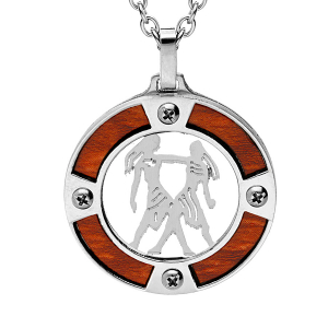 COLLIER ACIER PENDENTIF ROND ZODIAQUE GEMEAUX ASPECT BOIS CLAIR ET VIS CRUCIFORME 50+5CM