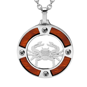 COLLIER ACIER PENDENTIF ROND ZODIAQUE CANCER ASPECT BOIS CLAIR ET VIS CRUCIFORME 50+5CM