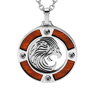 COLLIER ACIER PENDENTIF ROND ZODIAQUE LION ASPECT BOIS CLAIR ET VIS CRUCIFORME 50+5CM