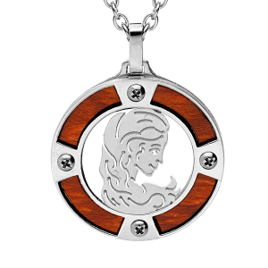 COLLIER ACIER PENDENTIF ROND ZODIAQUE VIERGE ASPECT BOIS NOIR ET VIS CRUCIFORME 50+5CM