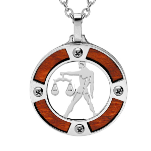 COLLIER ACIER PENDENTIF ROND ZODIAQUE BALANCE  ASPECT BOIS CLAIR ET VIS CRUCIFORME 50+5CM
