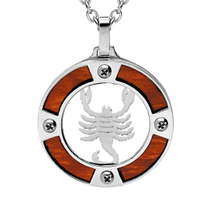 COLLIER ACIER PENDENTIF ROND ZODIAQUE SCORPION ASPECT BOIS CLAIR ET VIS CRUCIFORME 50+5CM