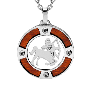 COLLIER ACIER PENDENTIF ROND ZODIAQUE SAGITTAIRE ASPECT BOIS CLAIR ET VIS CRUCIFORME 50+5CM