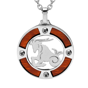 COLLIER ACIER PENDENTIF ROND ZODIAQUE CAPRICORNE ASPECT BOIS CLAIR ET VIS CRUCIFORME 50+5CM