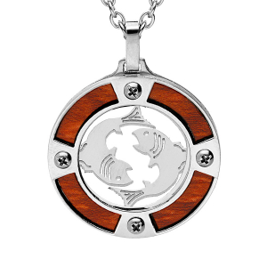 COLLIER ACIER PENDENTIF ROND ZODIAQUE POISSON ASPECT BOIS CLAIR ET VIS CRUCIFORME 50+5CM