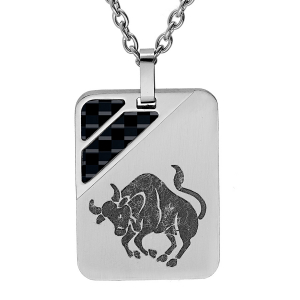 COLLIER ACIER PENDENTIF RECTANGULAIRE ZODIAQUE TAUREAU 2 BANDES CARBONE 50+5CM