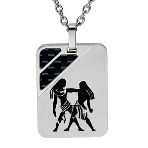 COLLIER ACIER PENDENTIF RECTANGULAIRE ZODIAQUE GEMEAUX 2 BANDES CARBONE 50+5CM