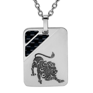 COLLIER ACIER PENDENTIF RECTANGULAIRE ZODIAQUE LION 2 BANDES CARBONE 50+5CM