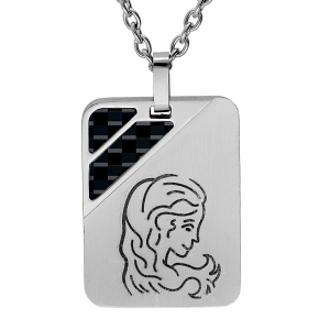 COLLIER ACIER PENDENTIF RECTANGULAIRE ZODIAQUE VIERGE 2 BANDES CARBONE 50+5CM