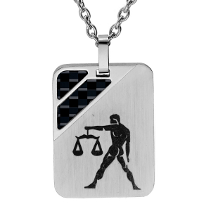 COLLIER ACIER PENDENTIF RECTANGULAIRE ZODIAQUE BALANCE 2 BANDES CARBONE 50+5CM