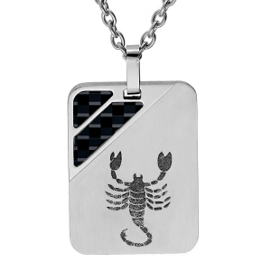 COLLIER ACIER PENDENTIF RECTANGULAIRE ZODIAQUE SCORPION 2 BANDES CARBONE 50+5CM