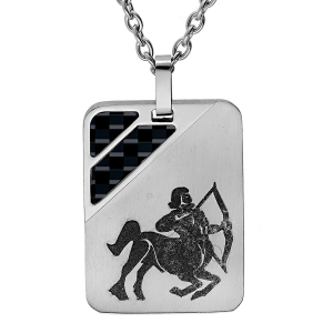 COLLIER ACIER PENDENTIF RECTANGULAIRE ZODIAQUE SAGITTAIRE 2 BANDES CARBONE 50+5CM