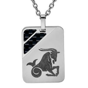COLLIER ACIER PENDENTIF RECTANGULAIRE ZODIAQUE CAPRICORNE 2 BANDES CARBONE 50+5CM