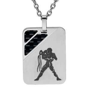 COLLIER ACIER PENDENTIF RECTANGULAIRE ZODIAQUE VERSEAU 2 BANDES CARBONE 50+5CM