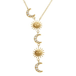 COLLIER ACIER DORÉ FORME CRAVATE LUNES ET SOLEILS OXYDES BLANCS 42+5CM
