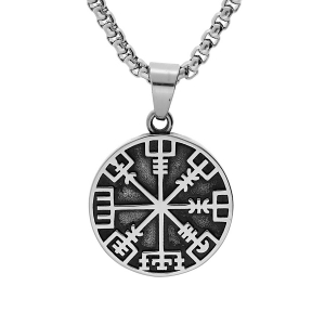 COLLIER ACIER PENDENTIF ROND 32MM VIKING PATINÉ SYMBOLE RUNE CELTIQUE 52+5CM