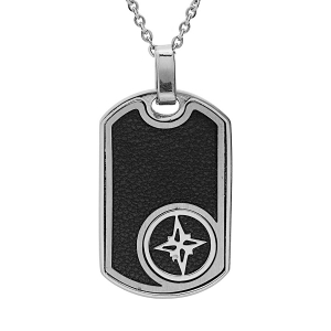 COLLIER ACIER PENDENTIF RECTANGULAIRE CUIR BOVIN NOIR ETOILE DU NORD  50+5CM