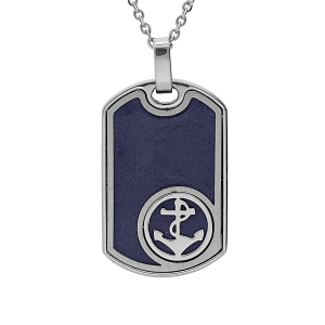 COLLIER ACIER PENDENTIF RECTANGULAIRE CUIR BOVIN BLEU MARINE ANCRE 50+5CM