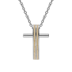 COLLIER ACIER PENDENTIF CROIX 32 X 22MM ASPECT BOIS CLAIR 50+5CM