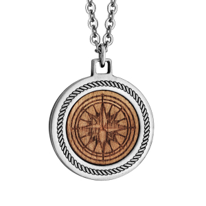 COLLIER ACIER PENDENTIF CENTRE EN BOIS MOTIF BOUSSOLE 50+5CM
