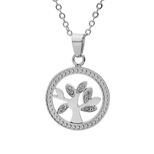 COLLIER ACIER PENDENTIF ROND ARBRE DE VIE OXYDES BLANCS 40+5CM