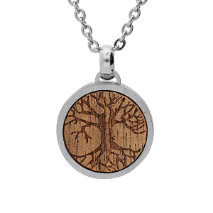 COLLIER ACIER PENDENTIF CENTRE BOIS MOTIF ARBRE DE VIE 50+5CM