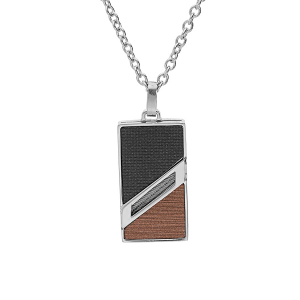 COLLIER ACIER PENDENTIF RECTANGULAIRE ASPECT BOIS 50+5CM