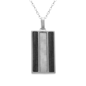 COLLIER ACIER PENDENTIF RECTANGULAIRE CROISILLONS ET ASPECT BOIS NOIR 50CM + 5CM
