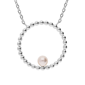 COLLIER ACIER PENDENTIF ROND AVEC PERLE IMITATION BLANCHE 45+5CM