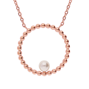 COLLIER ACIER ET PVD ROSE PENDENTIF ROND AVEC PERLE IMITATION BLANCHE 45+5CM