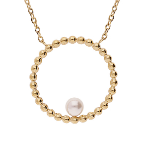 COLLIER ACIER ET PVD DORÉ PENDENTIF ROND AVEC PERLE IMITATION BLANCHE 45+5CM