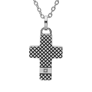 COLLIER ACIER PENDENTIF CROIX 24X 16 MM  AVEC OXYDES 50+5CM