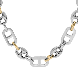 COLLIER ACIER GRAIN DE CAFÉ ET MAILLE PLATE BICOLORE 54CM