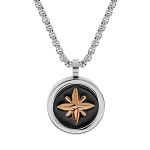 COLLIER ACIER PENDENTIF ROND ETOILE DU NORD FOND RÉSINE NOIRE 55CM RÉGLABLE 50CM