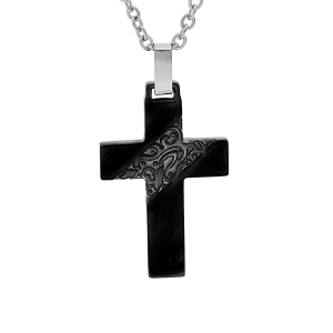 COLLIER ACIER PENDENTIF CROIX PVD NOIR AVEC GRAVURE 53CM REGLABLE 48CM