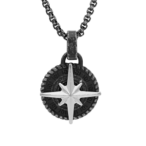 COLLIER ACIER PENDENTIF ROND PATINÉ ETOILE DU NORD 50CM + 5 + 5CM